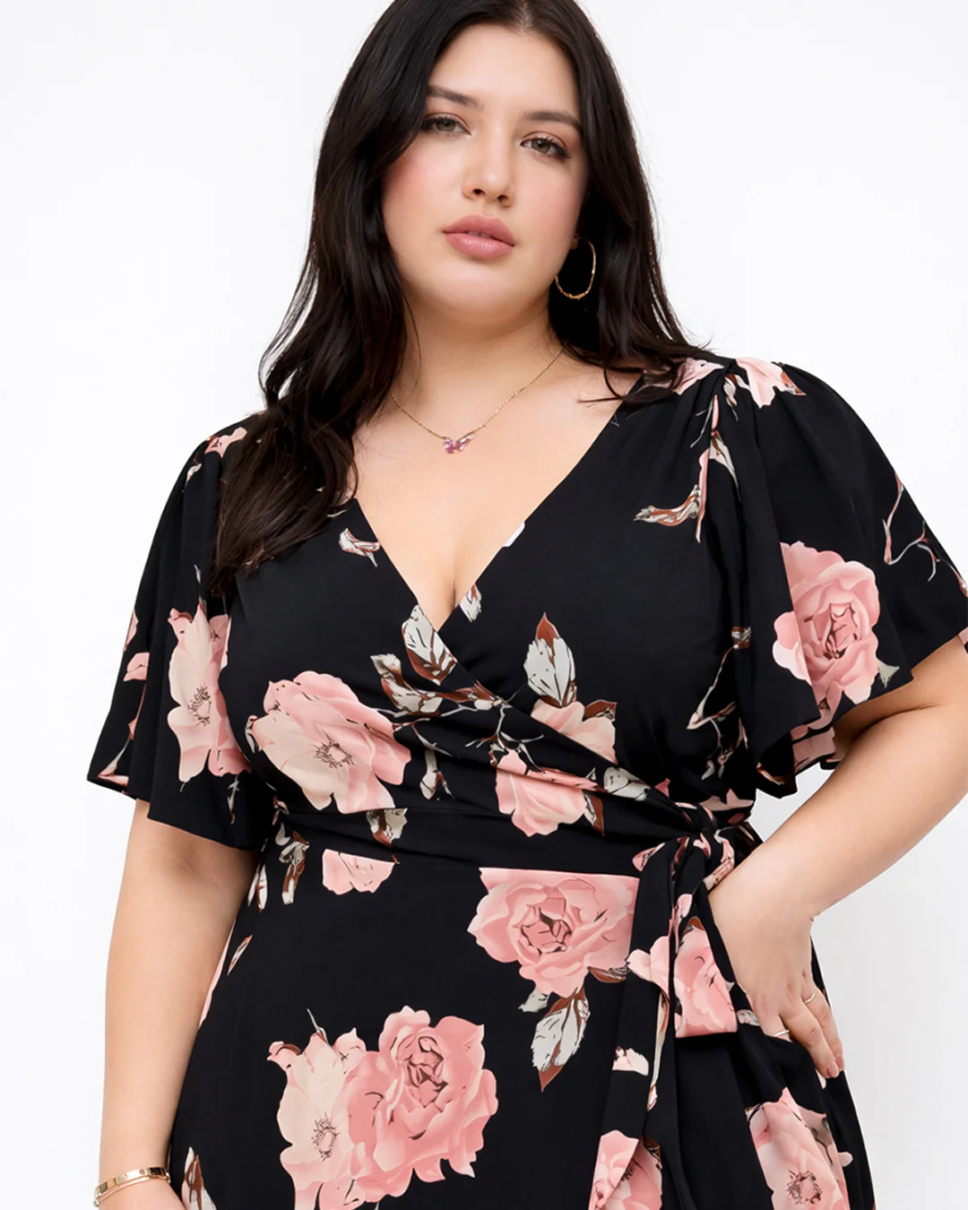 V Neck Flutter Short Sleeve Wrap Style Floral Dress Curve & Plus - Image 3