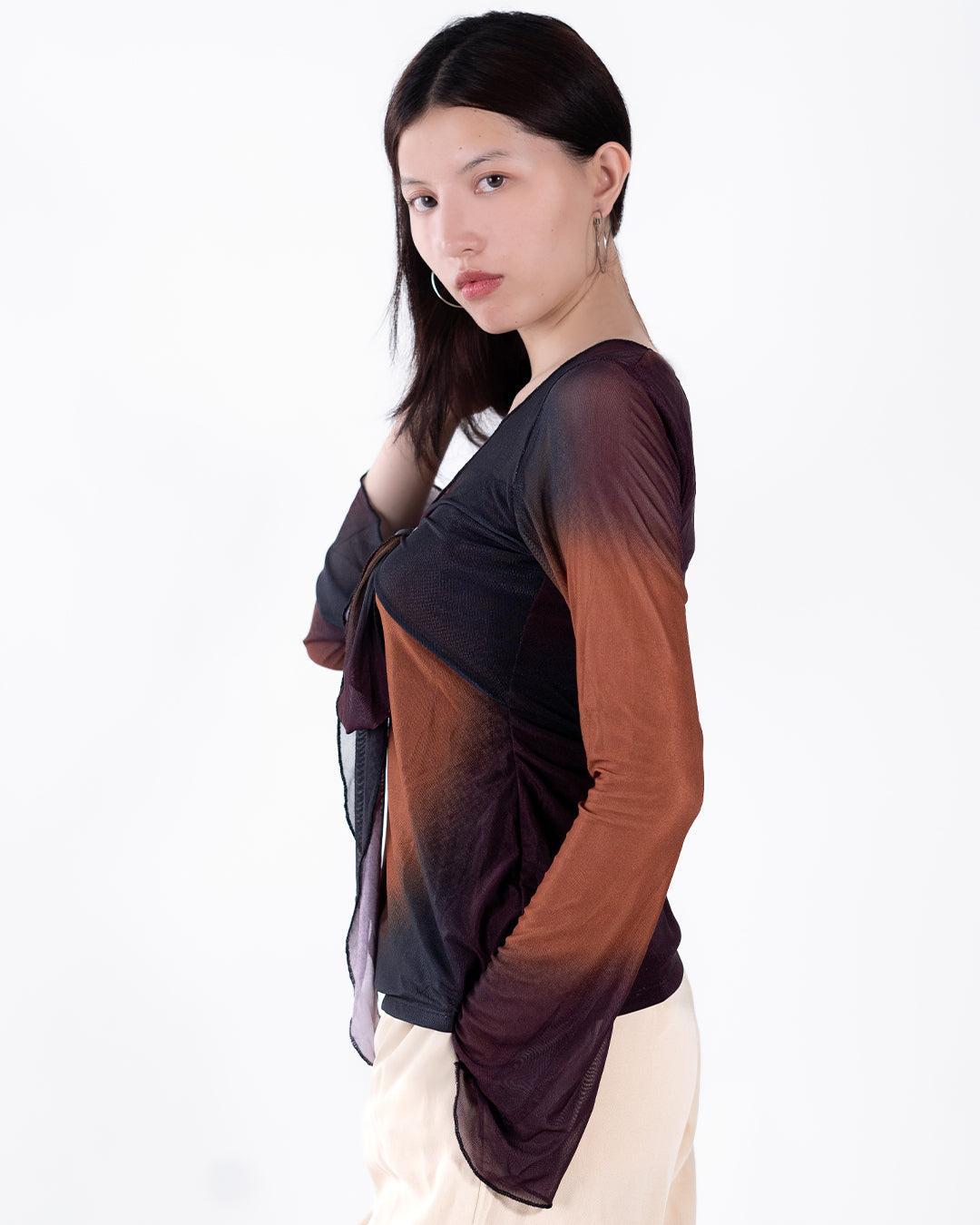 V Neck Front Knot Printed Mesh Flare Long Sleeve Top - Image 2