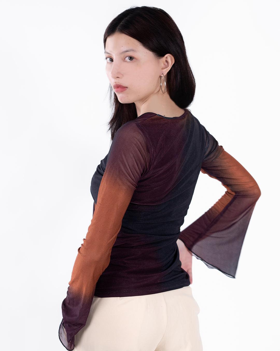 V Neck Front Knot Printed Mesh Flare Long Sleeve Top - Image 3
