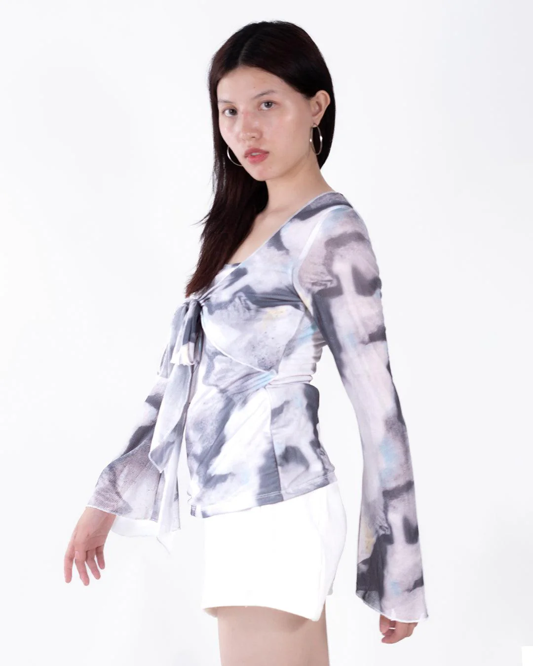 V Neck Front Knot Spring Summer Tie Dye Flare Long Sleeve Top - Image 2
