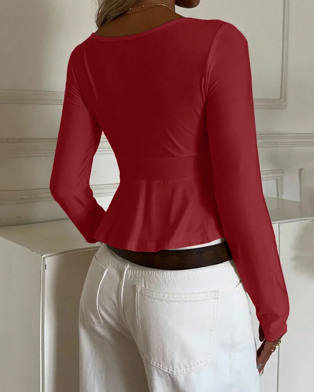 V-Neck Long Sleeve Knit Top in Red - Image 2