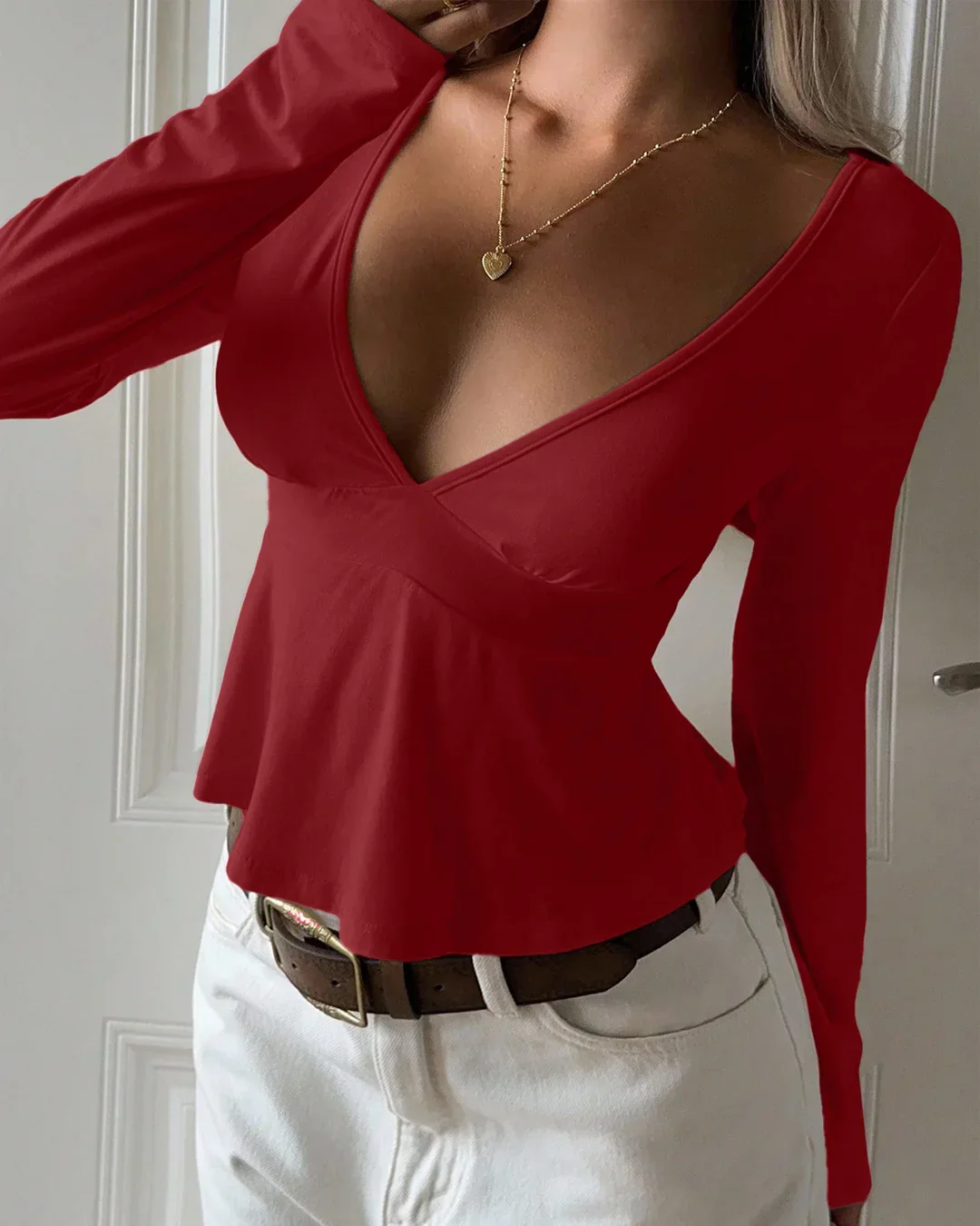V-Neck Long Sleeve Knit Top in Red - Image 3
