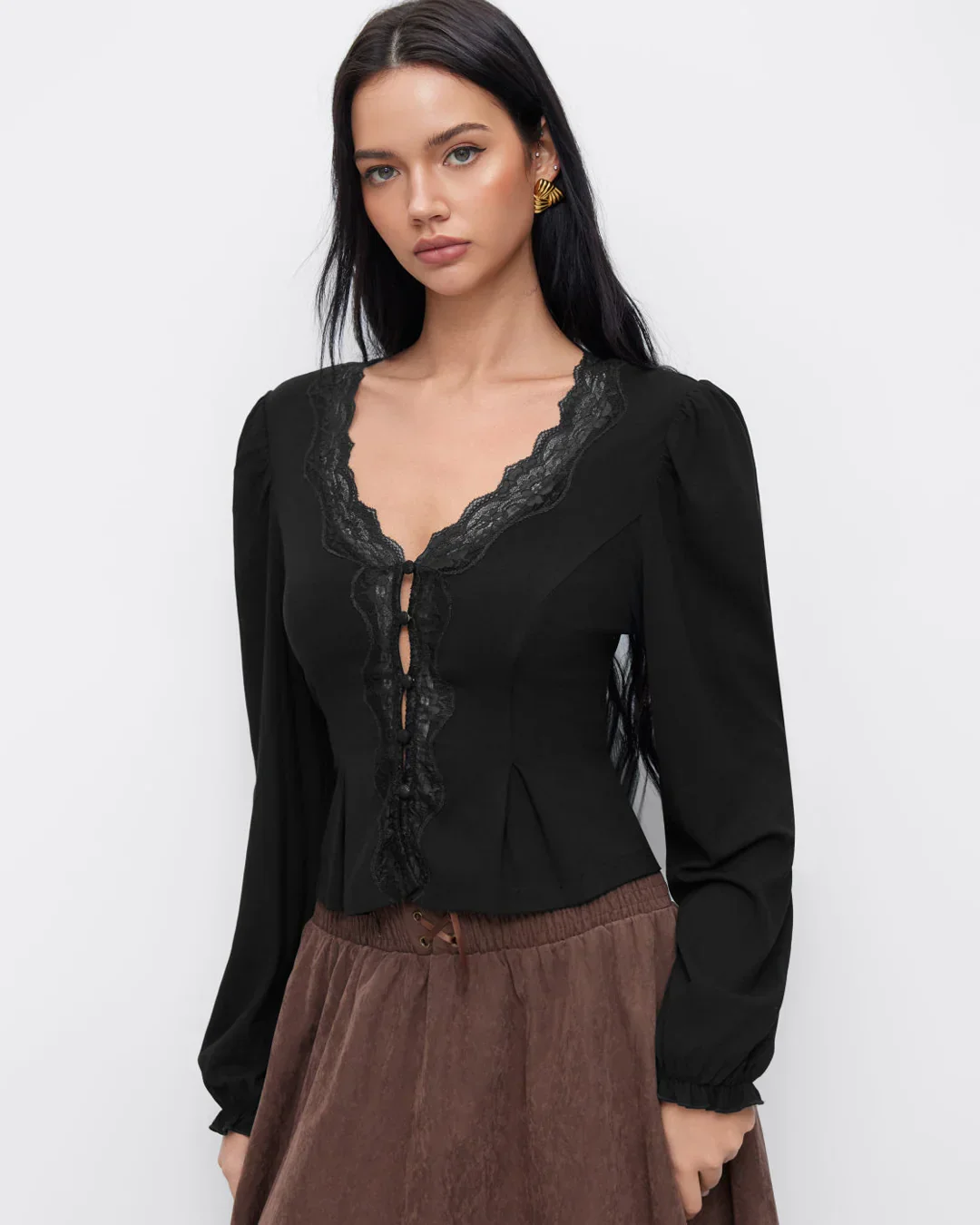 V-neck Long Sleeve Lace Trim Top in Black