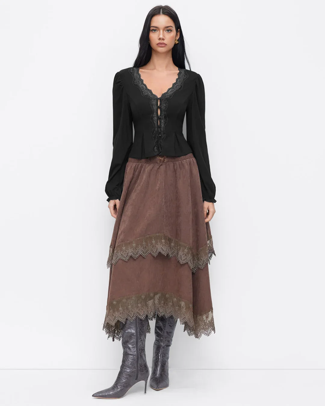 V-neck Long Sleeve Lace Trim Top in Black - Image 2
