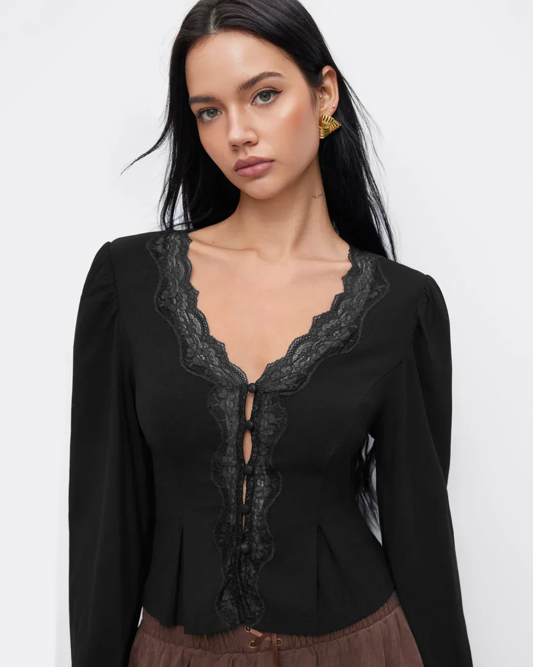 V-neck Long Sleeve Lace Trim Top in Black - Image 3