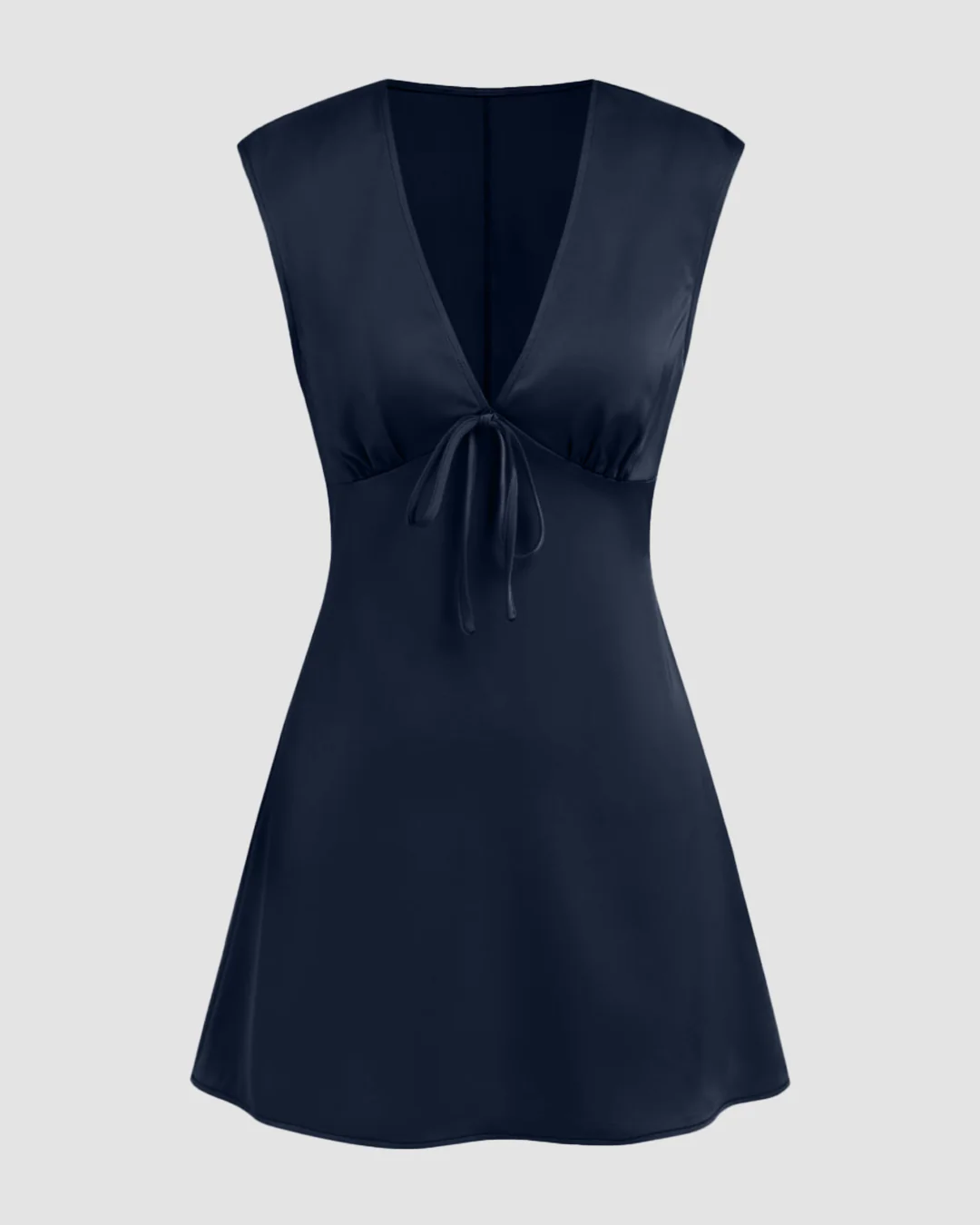 V-neck Ruched Knotted Tie Back Mini Dress in Navy Blue