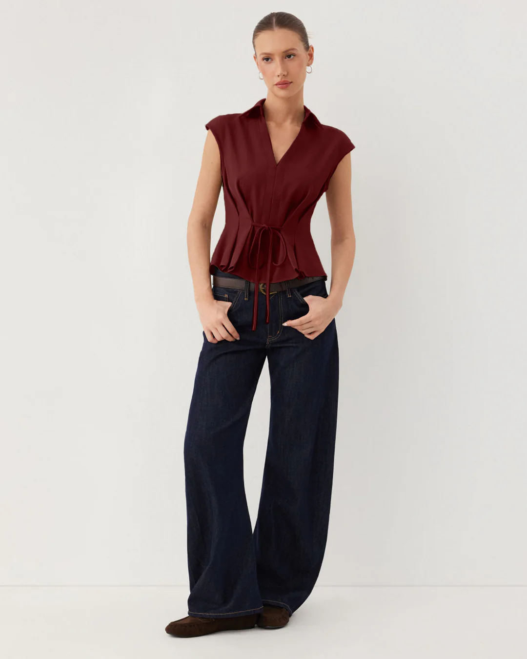 V-Neck Ruched Ruffled Tie Front Top in Maroon - Image 3