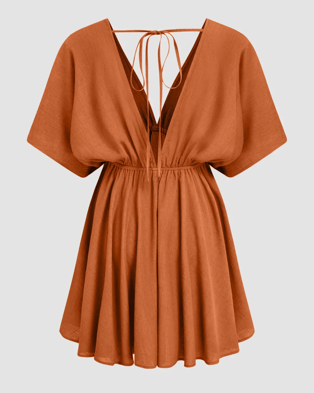 V-neck Ruffle Hem Backless Knotted Middle Sleeve Mini Dress in Rust - Image 2