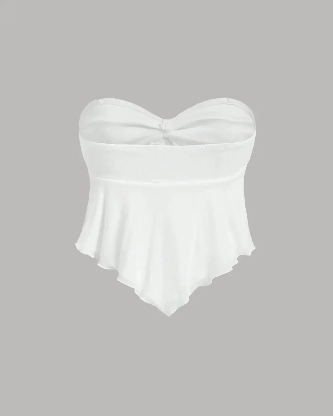 V-Neck Ruffle Trim Self-Tie Knot Cropped White Strapless Top - Image 3