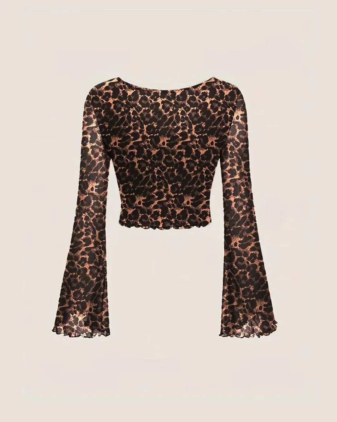 V-Neck Slim Fit Leopard Print Bell Sleeve Crop Top - Image 3