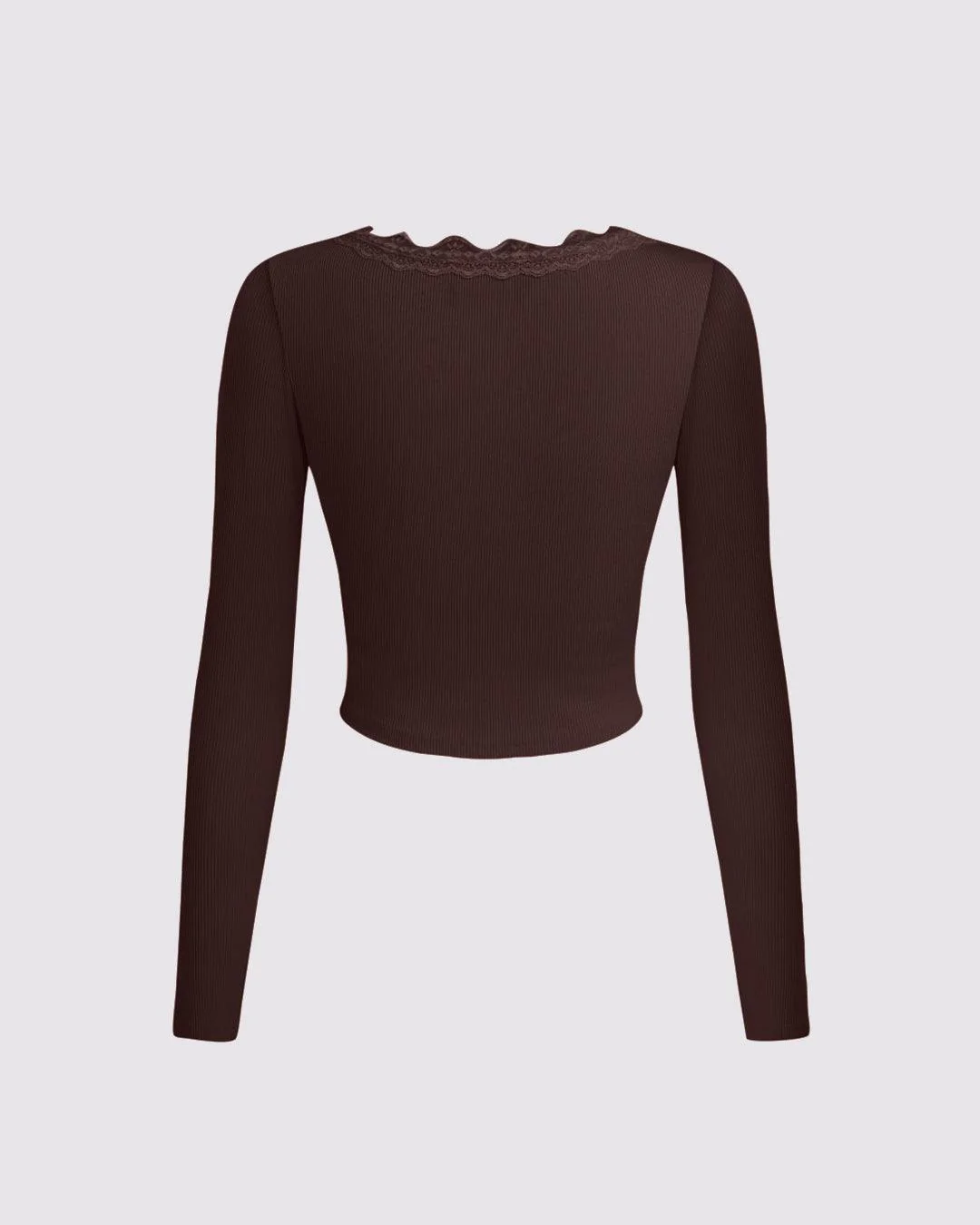 V Neck Lace Trim Ruched Stretch Full Sleeve Top in Brown - Image 3