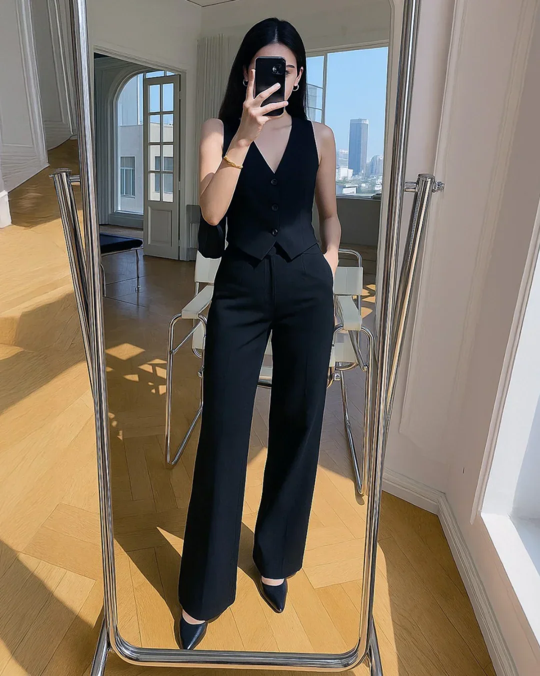 V-neck Solid Button Vest & Mid Rise Pocket Wide Leg Trousers In Black - Image 2