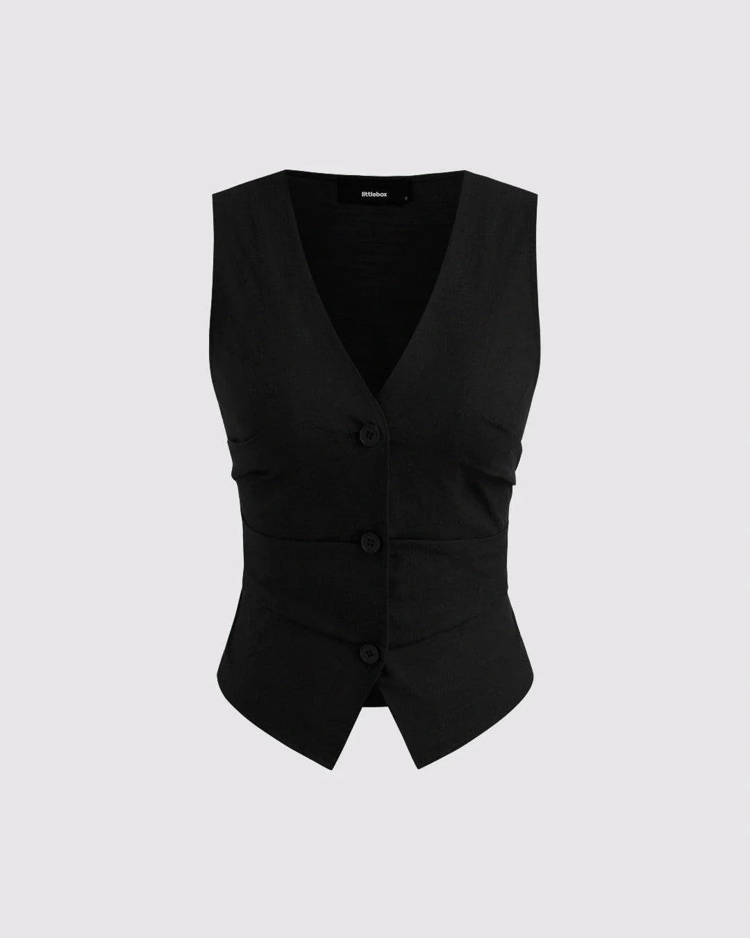 V-neck Solid Button Vest & Mid Rise Pocket Wide Leg Trousers In Black - Image 3