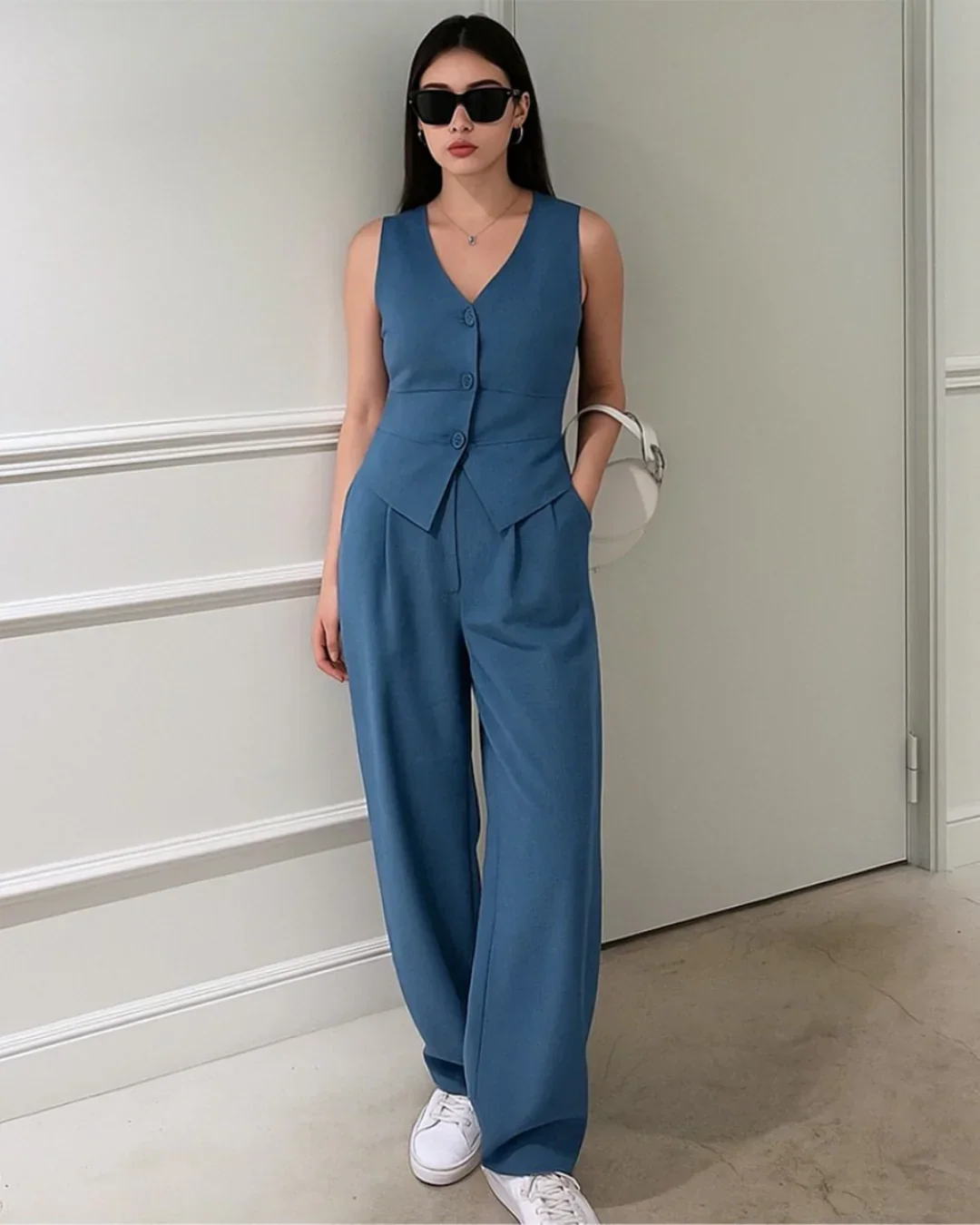 V-neck Solid Button Vest & Mid Rise Pocket Wide Leg Trousers In Blue - Image 2