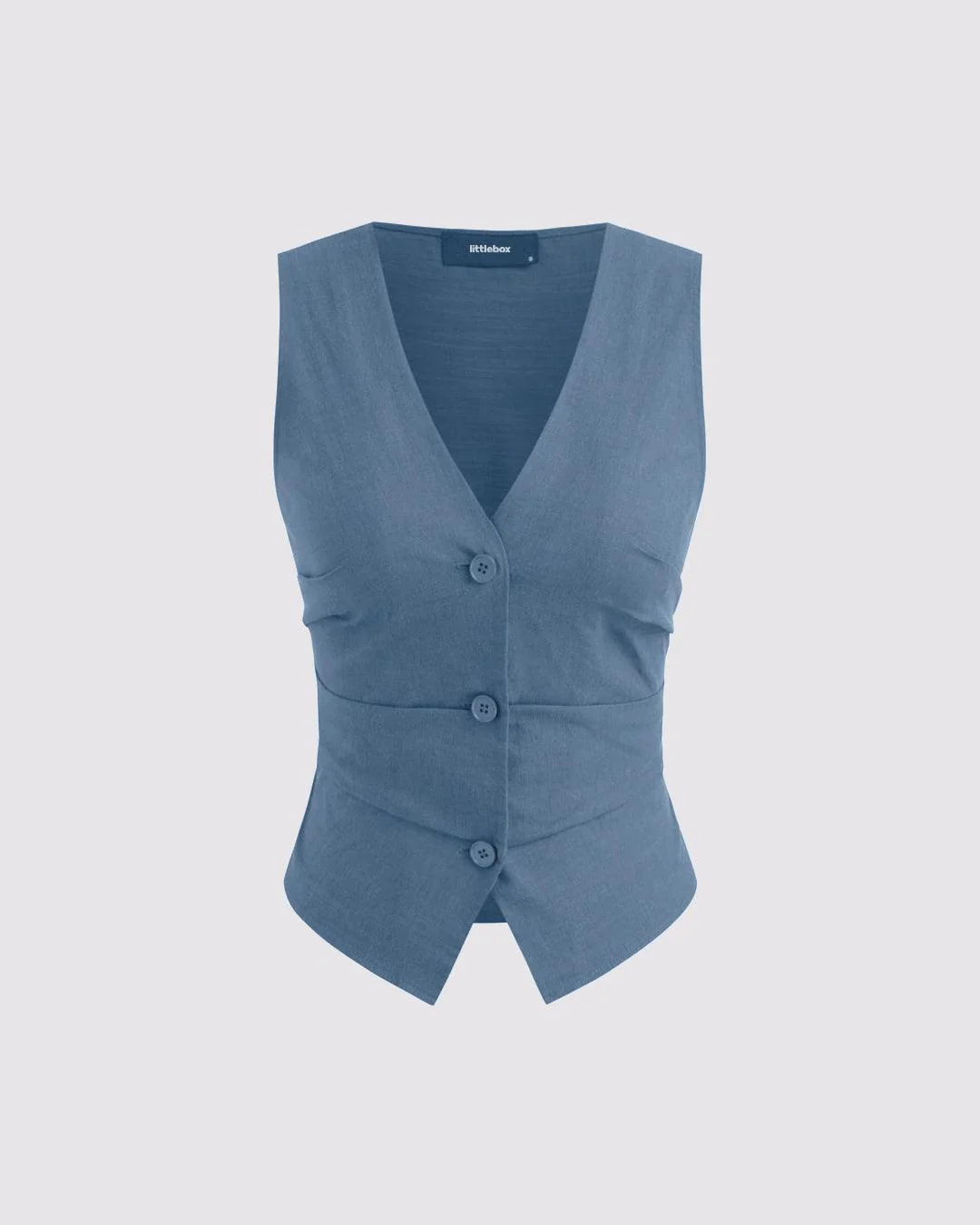 V-neck Solid Button Vest & Mid Rise Pocket Wide Leg Trousers In Blue - Image 3
