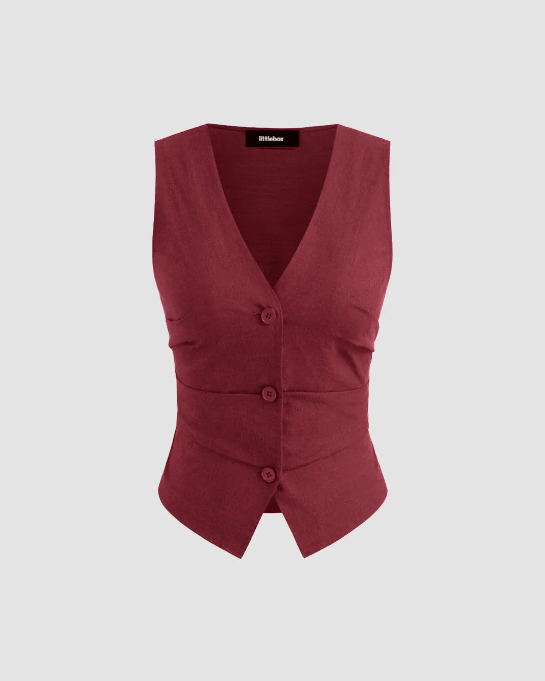 V-Neck Solid Button Vest & Mid Rise Pocket Wide Leg Trousers In Burgundy - Image 2