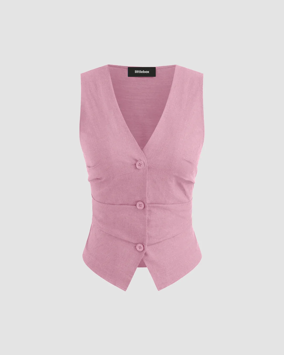 V-neck Solid Button Vest & Mid Rise Pocket Wide Leg Trousers In Dark Pink - Image 3