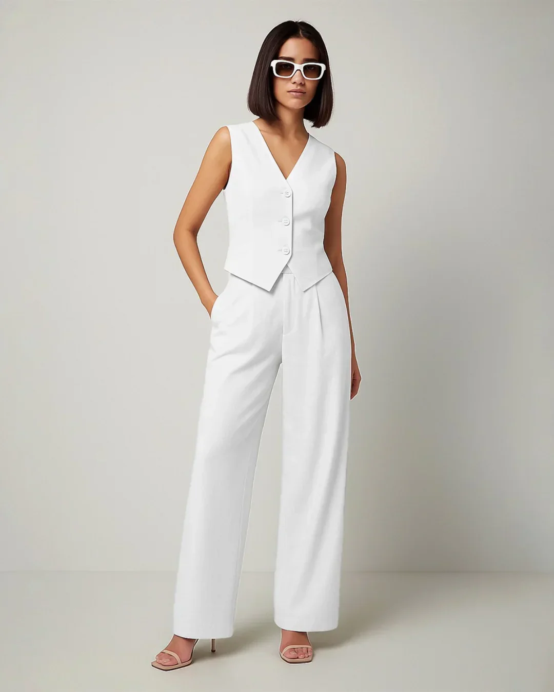 V-neck Solid Button Vest & Mid Rise Pocket Wide Leg Trousers In White - Image 2