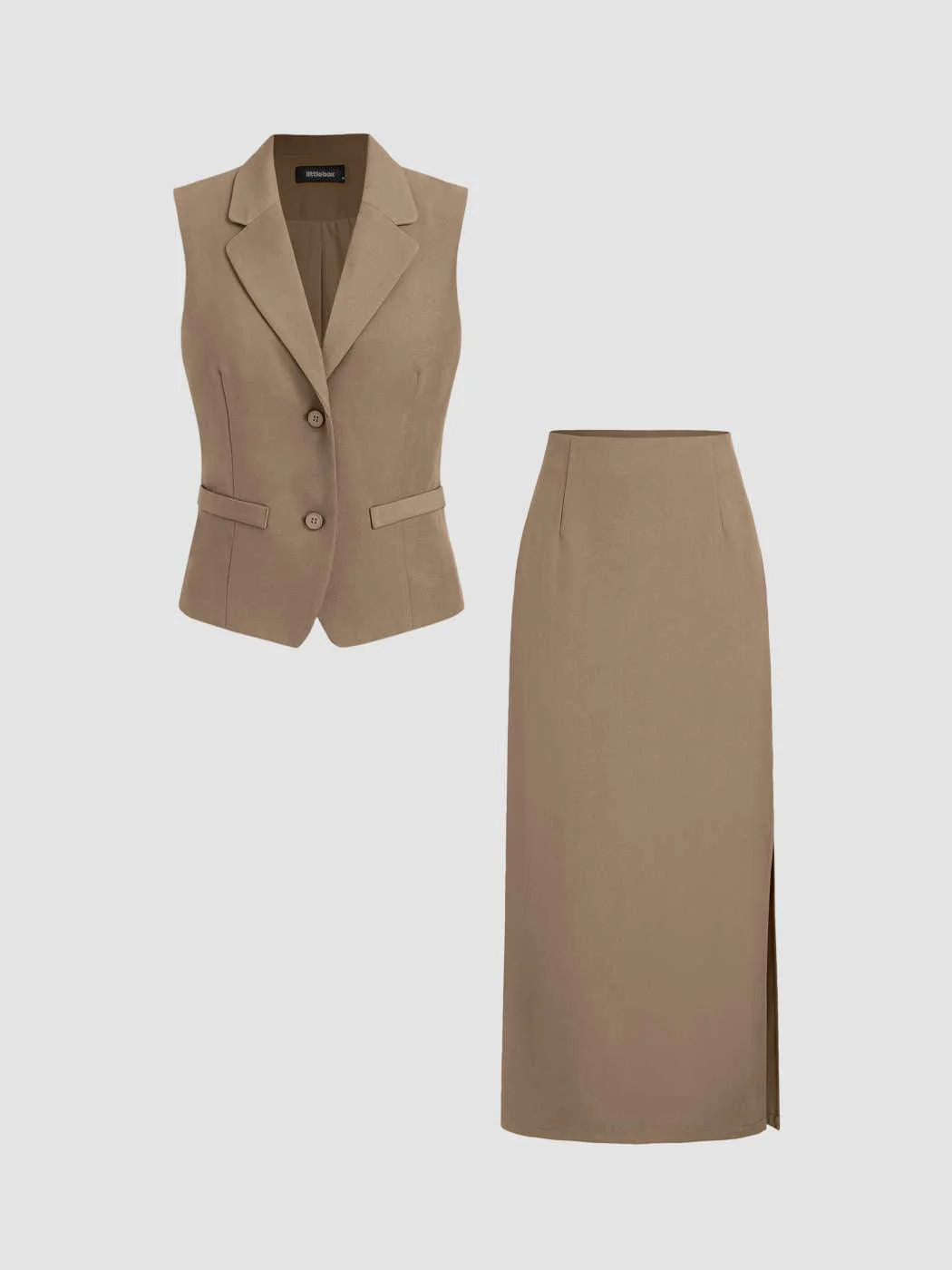 V-neck Solid Button Vest & Split Maxi Skirt In Cappuccino - Image 3