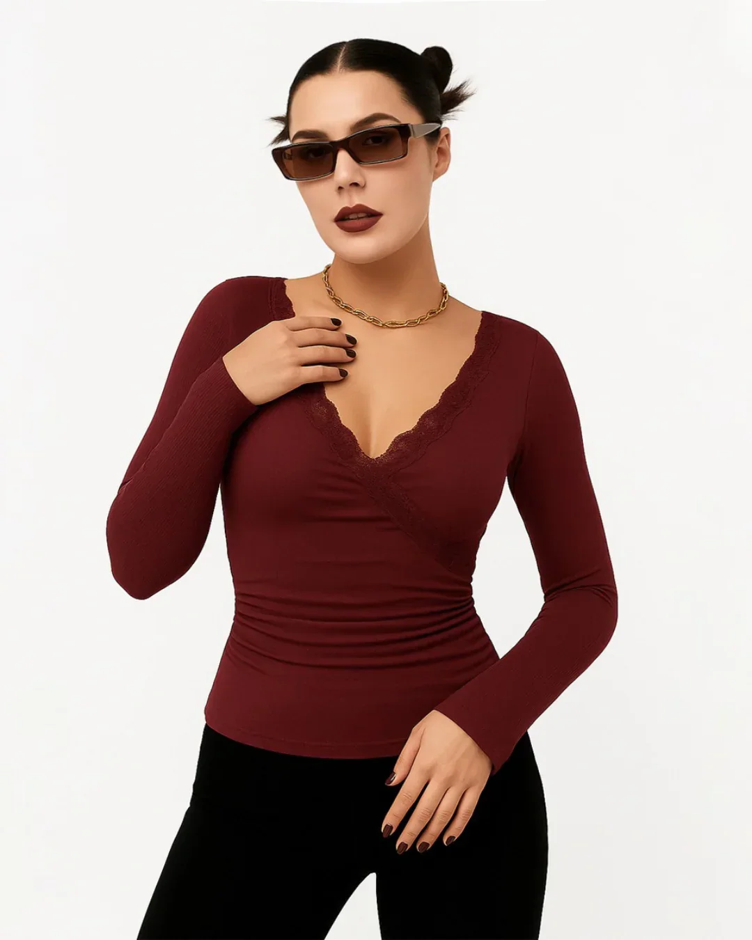 Lace Trim V Neck Ruched Full Sleeve Top in Maroon - Image 2