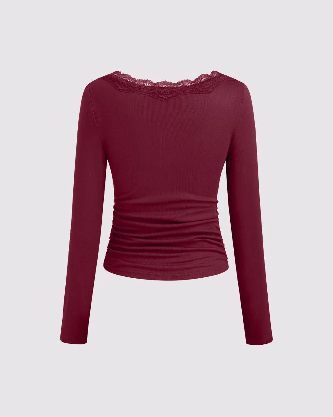 Lace Trim V Neck Ruched Full Sleeve Top in Maroon - Image 3
