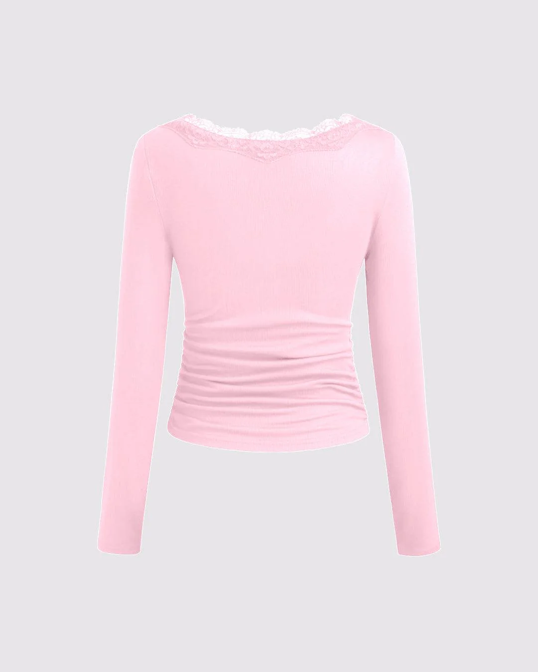 V-neck Solid Lace Trim Ruched Long Sleeve Top In Pink - Image 2