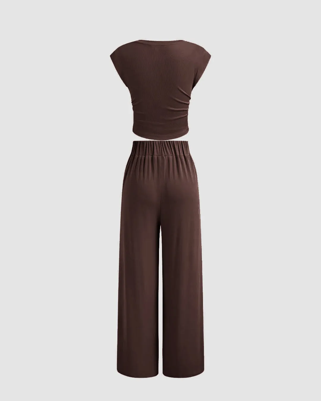V-neck Solid Ruched Crop Short Sleeve Top & Mid Rise Wide Leg Trousers In Chocolate Brown - Image 2