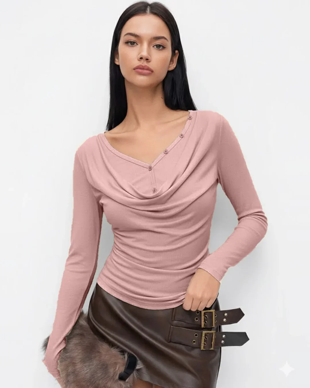 V-neck Solid Ruched Draped Cinched Waist Long Sleeve Top in Rose - Image 3