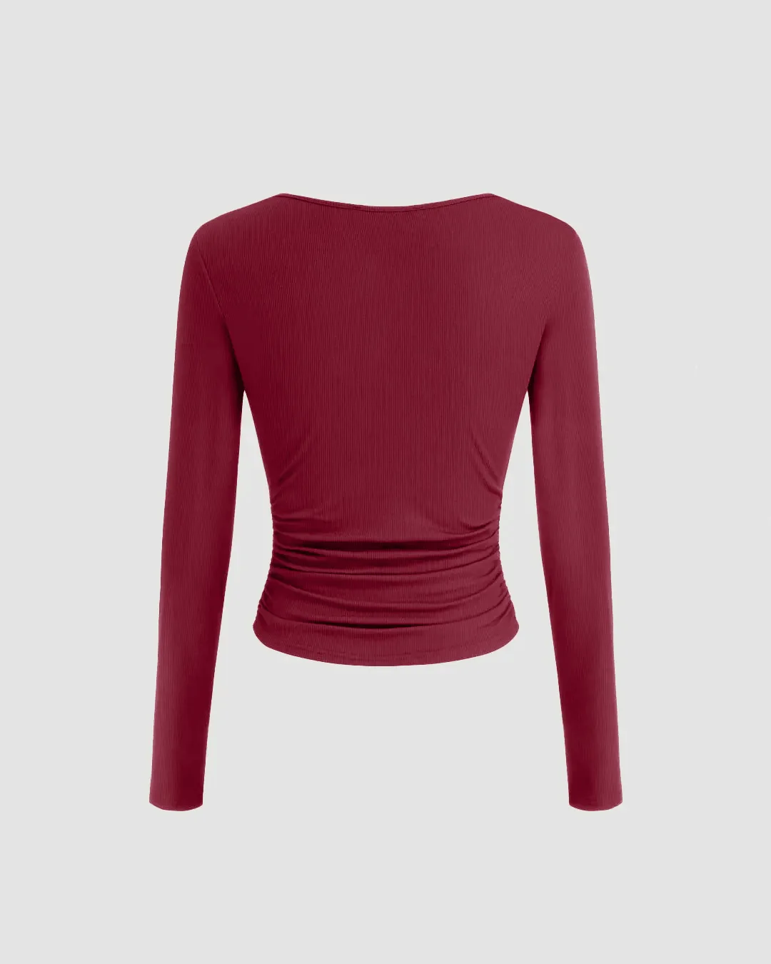 V-neck Solid Ruched Long Sleeve Top In Maroon - Image 2