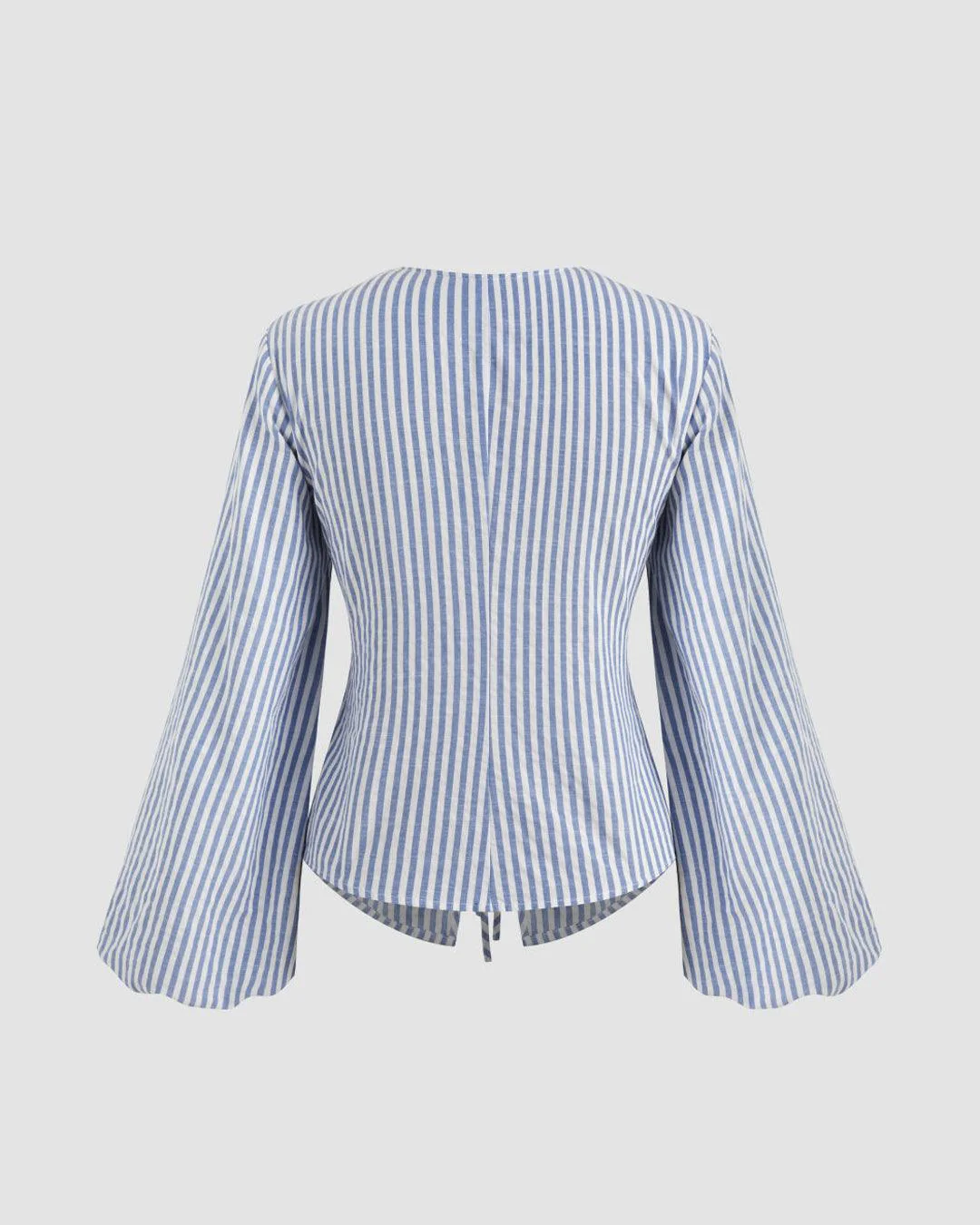 Casual V Neck Bell Sleeve Striped Knot Top in Blue and White - Image 3