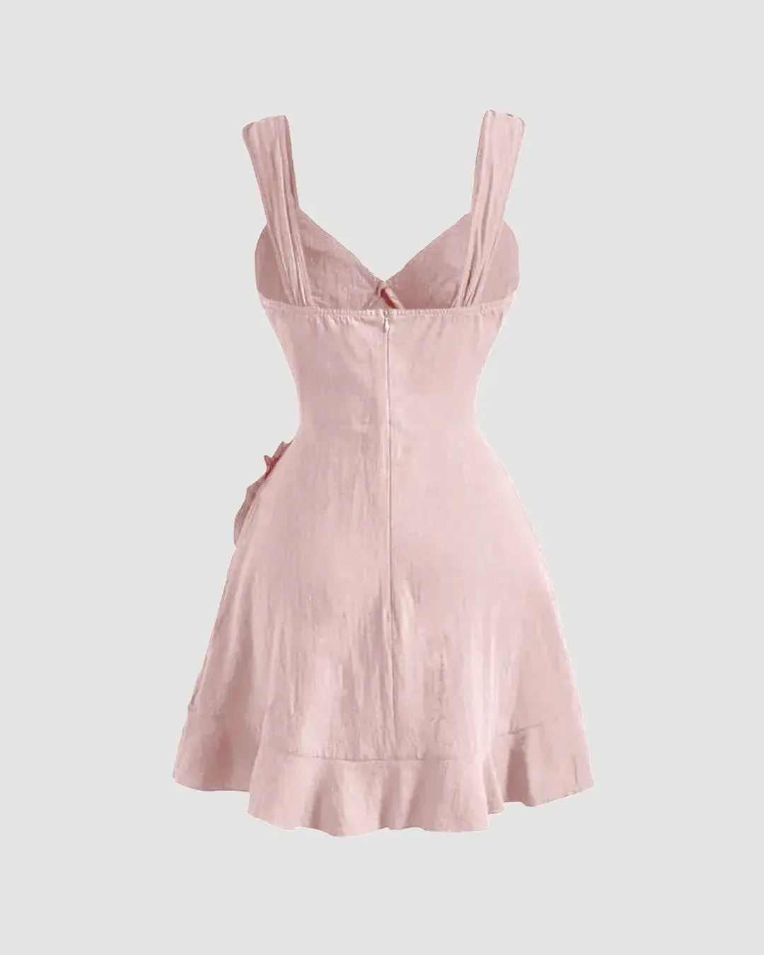 V Neck Tie Strap Ruffle Hem Mini Dress in Powder Pink - Image 2