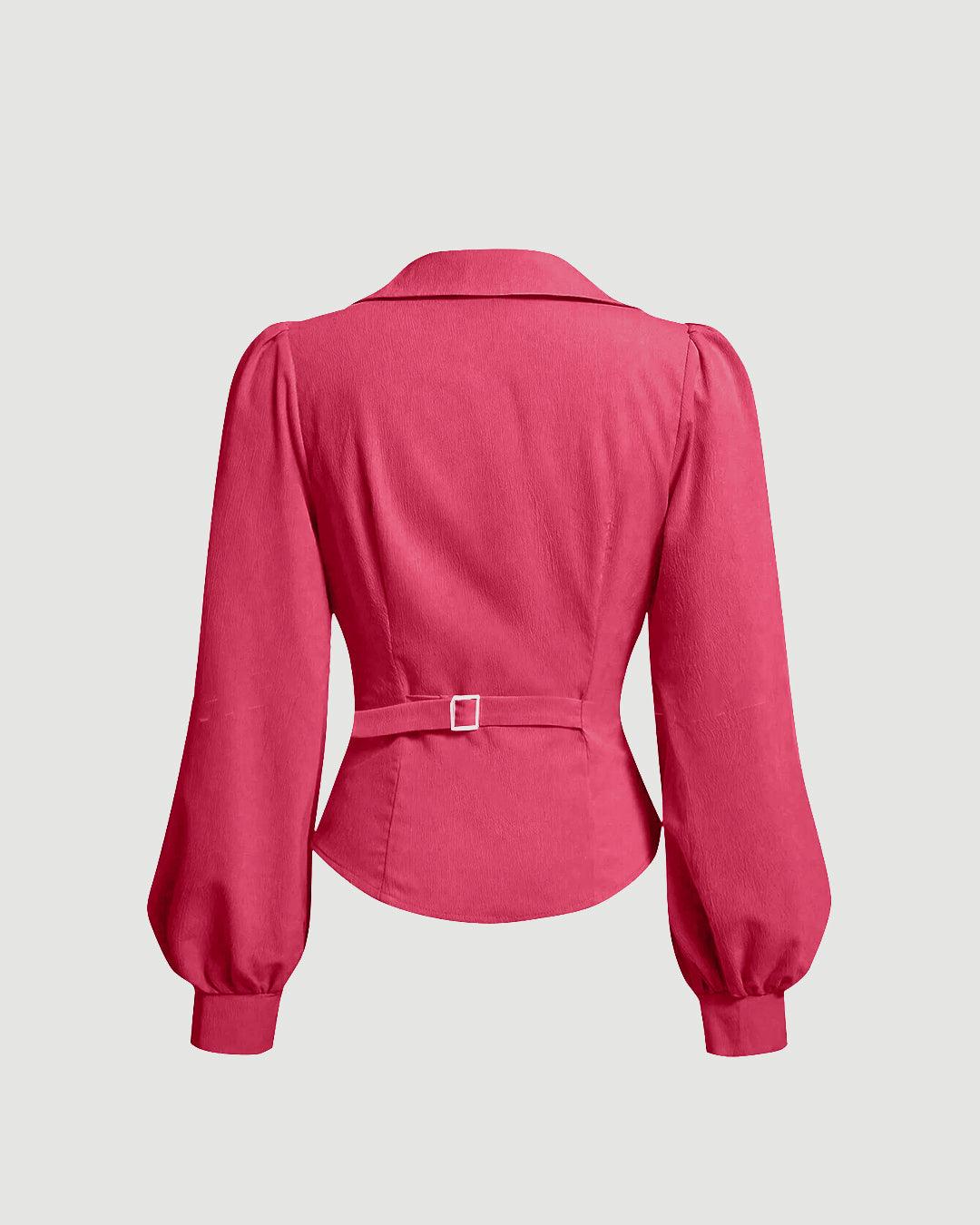 V Neck Wrap Front With Lantern Sleeve Top in Pink - Image 2