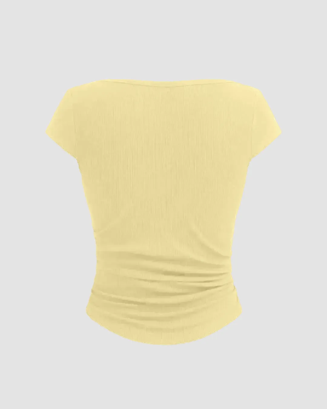 Party Boat Neck Ruched Short Sleeve Solid Top in Yellow - Image 3