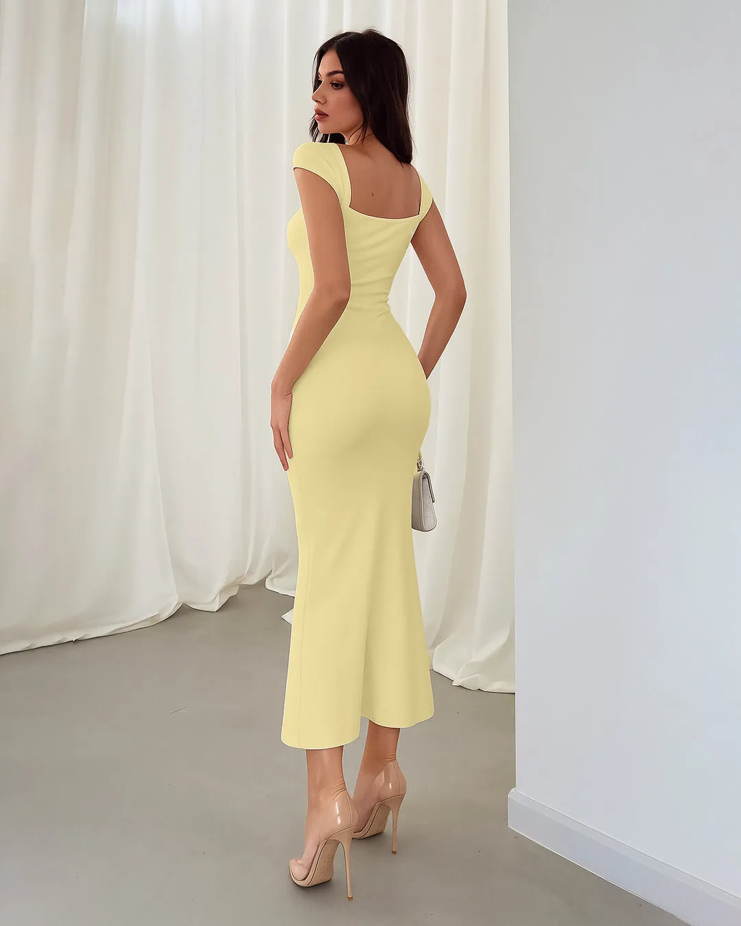 Vanilla Square Neck Cap Sleeve Bodycon Midi Dress - Image 3