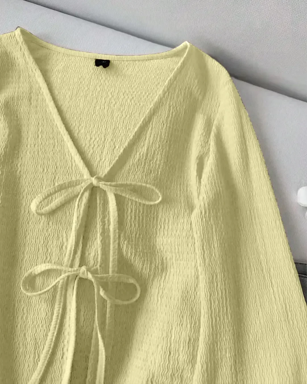 Slim Fit V-Neck Tie-Up Front Flared Sleeve Top in Yellow - Image 2