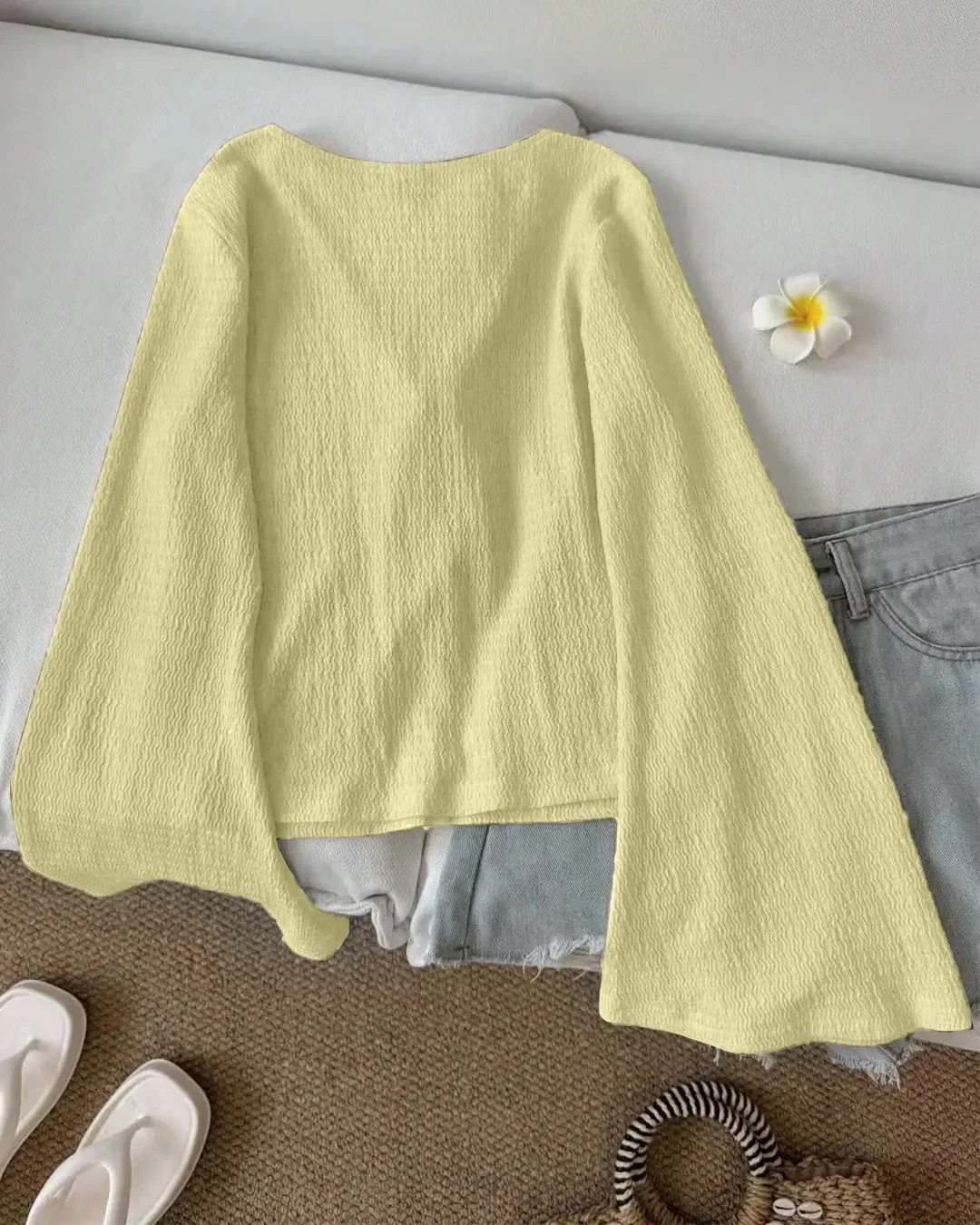 Slim Fit V-Neck Tie-Up Front Flared Sleeve Top in Yellow - Image 3
