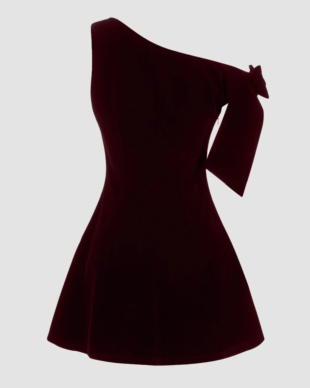 Velvet Asymmetrical Neck Bowknot Mini Dress in Maroon - Image 2