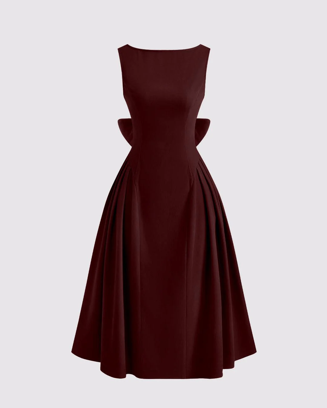 Red Velvet Boat Neck Midi Dress with Backless Bowknot - Image 3