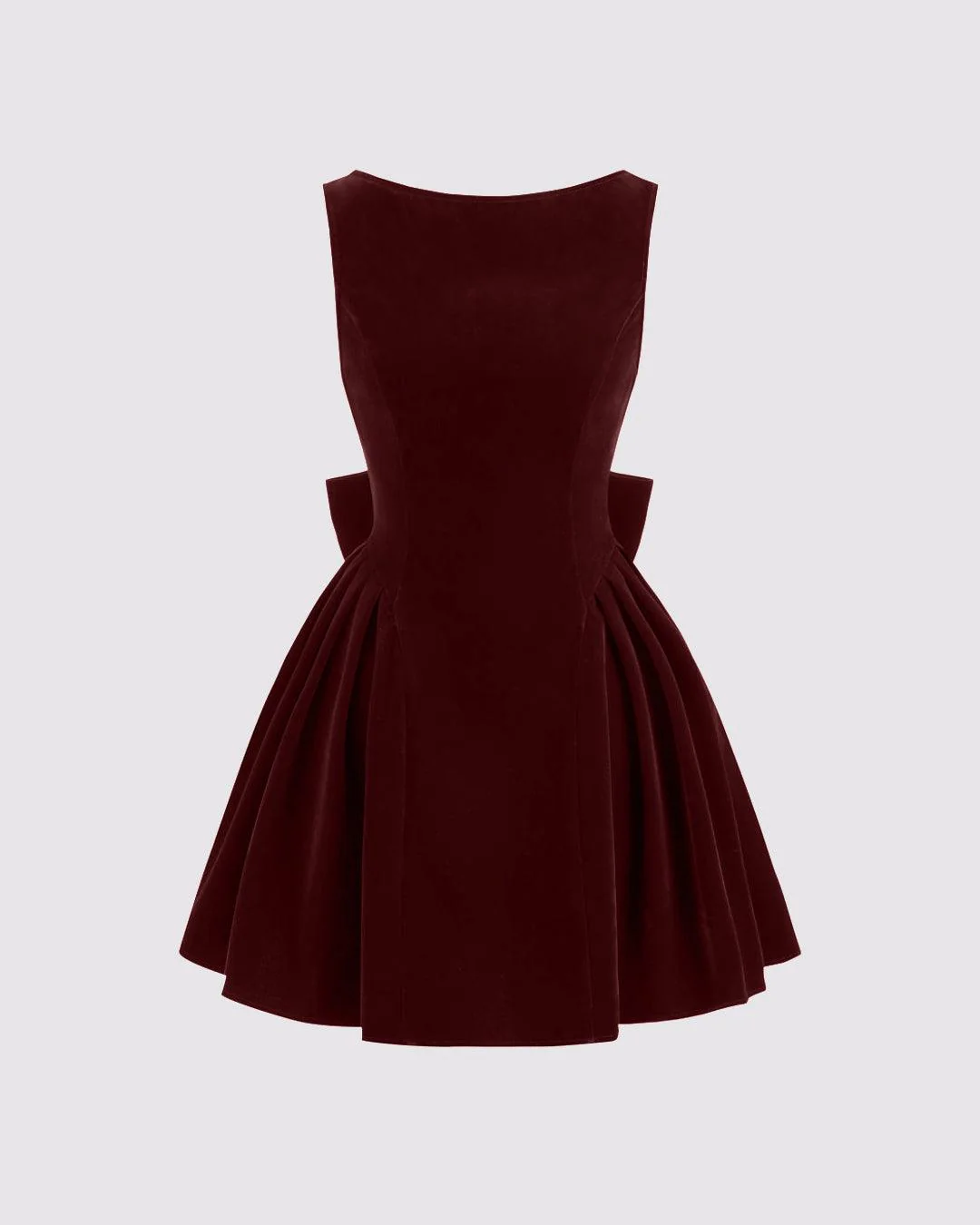 Velvet Boat Neck Bowknot Backless Short Midi Dress In Cherry Red - Image 2