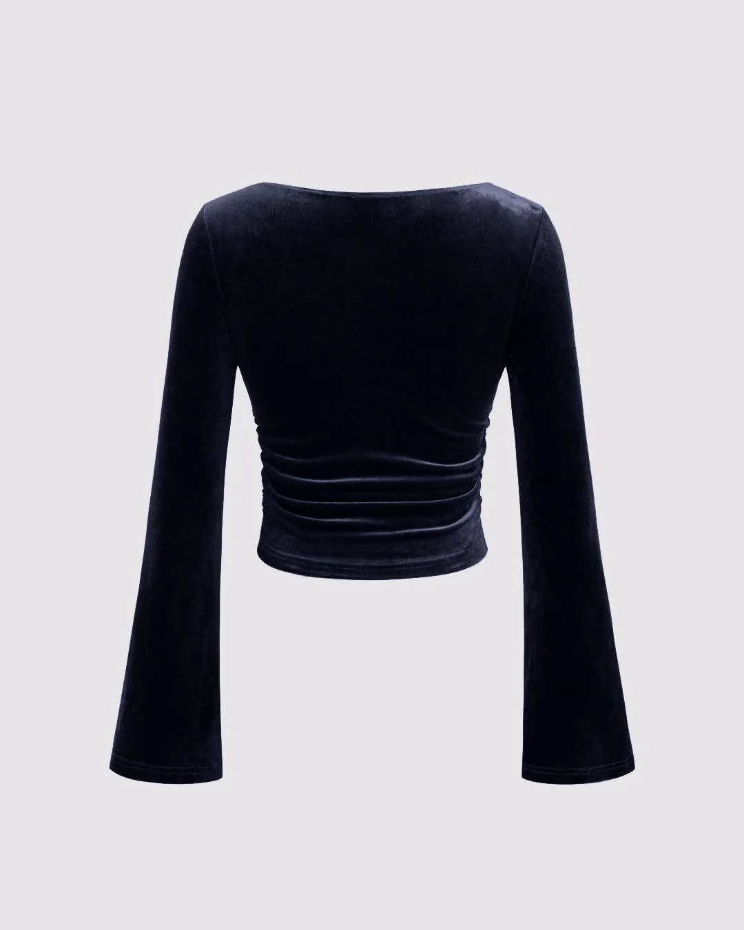 Velvet Boat Neck Solid Ruched Long Sleeve Crop Top In Navy Blue - Image 2