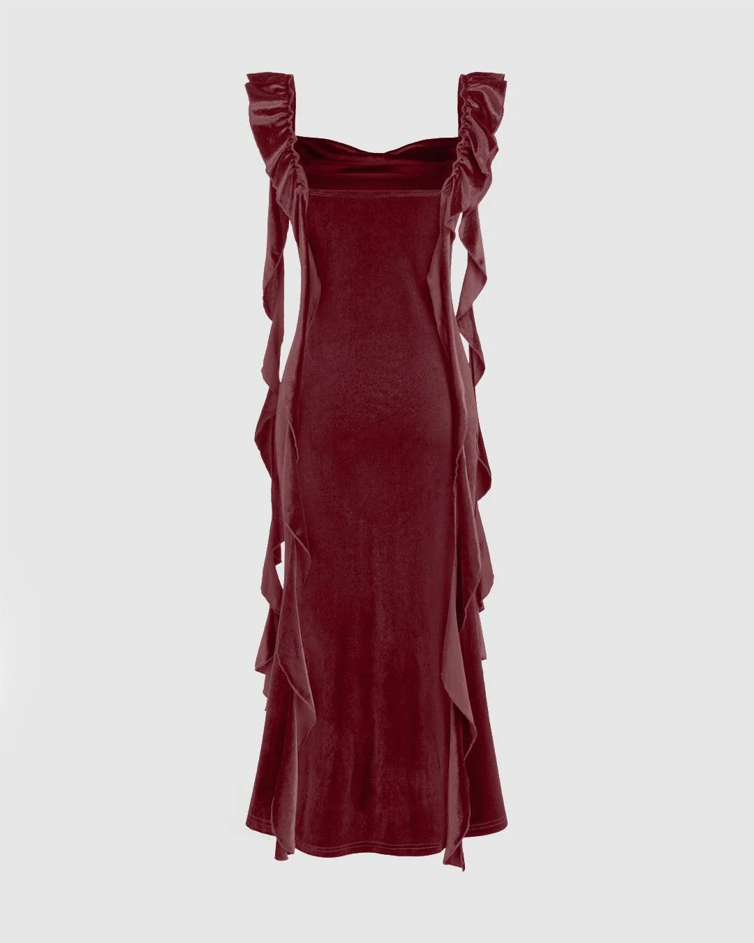 Velvet Cowl Neck Solid Ruffle Maxi Dress  In Rose Gold - Image 2