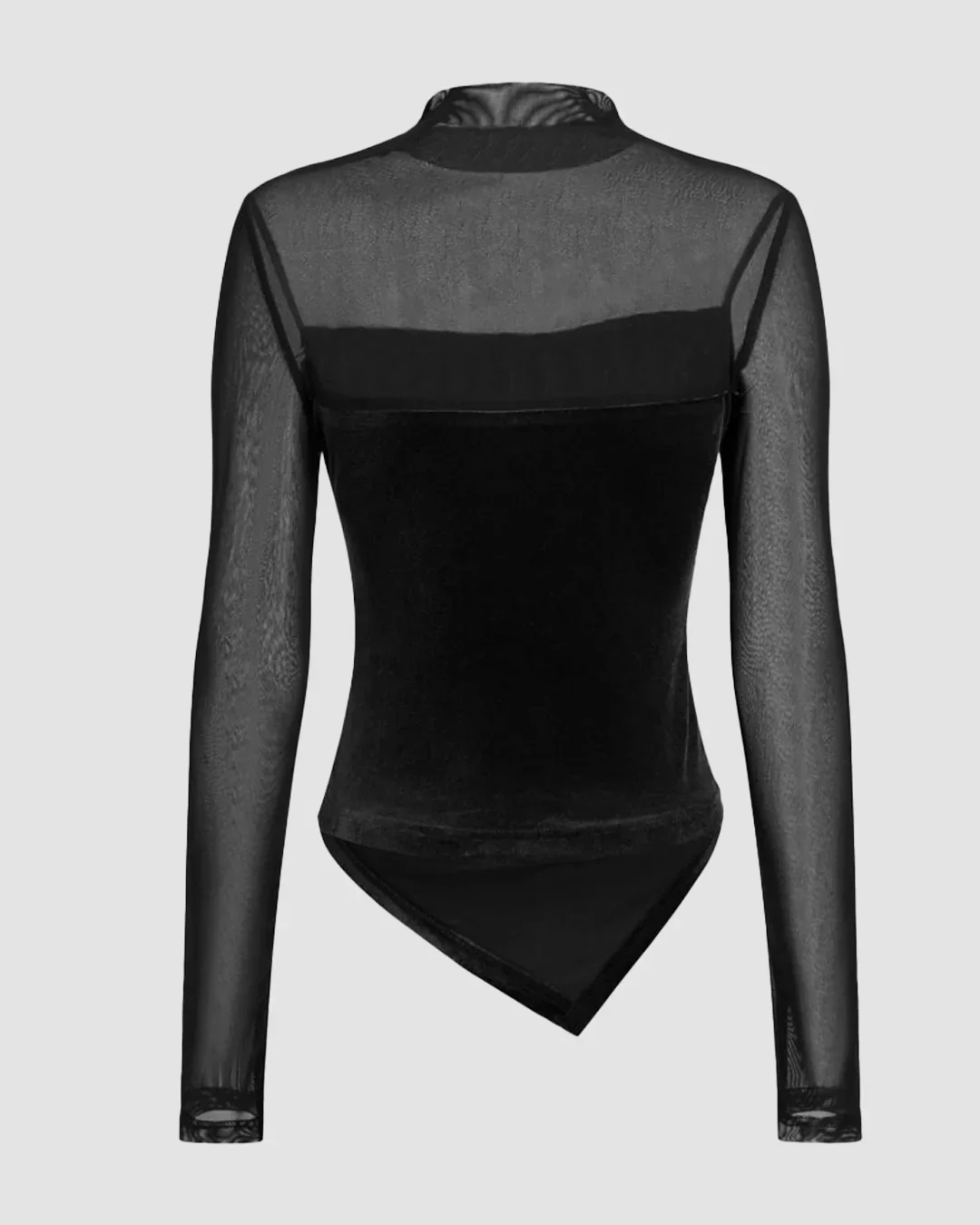 Velvet High Neck Patched Asymmetrical Ruched Top in Black - Image 2