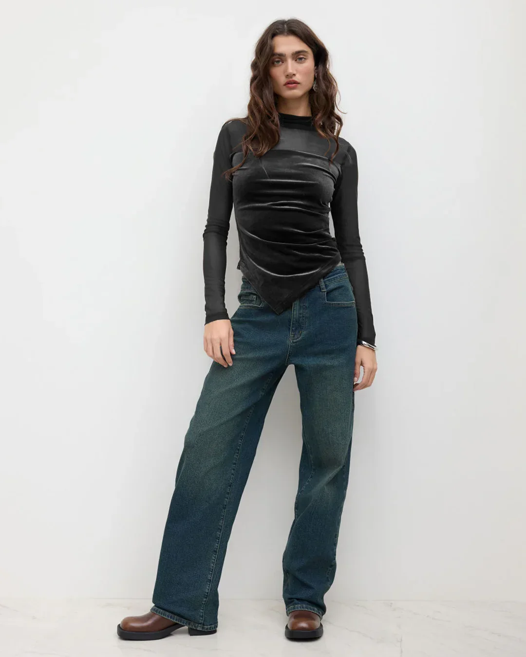 Velvet High Neck Patched Asymmetrical Ruched Top in Black - Image 3