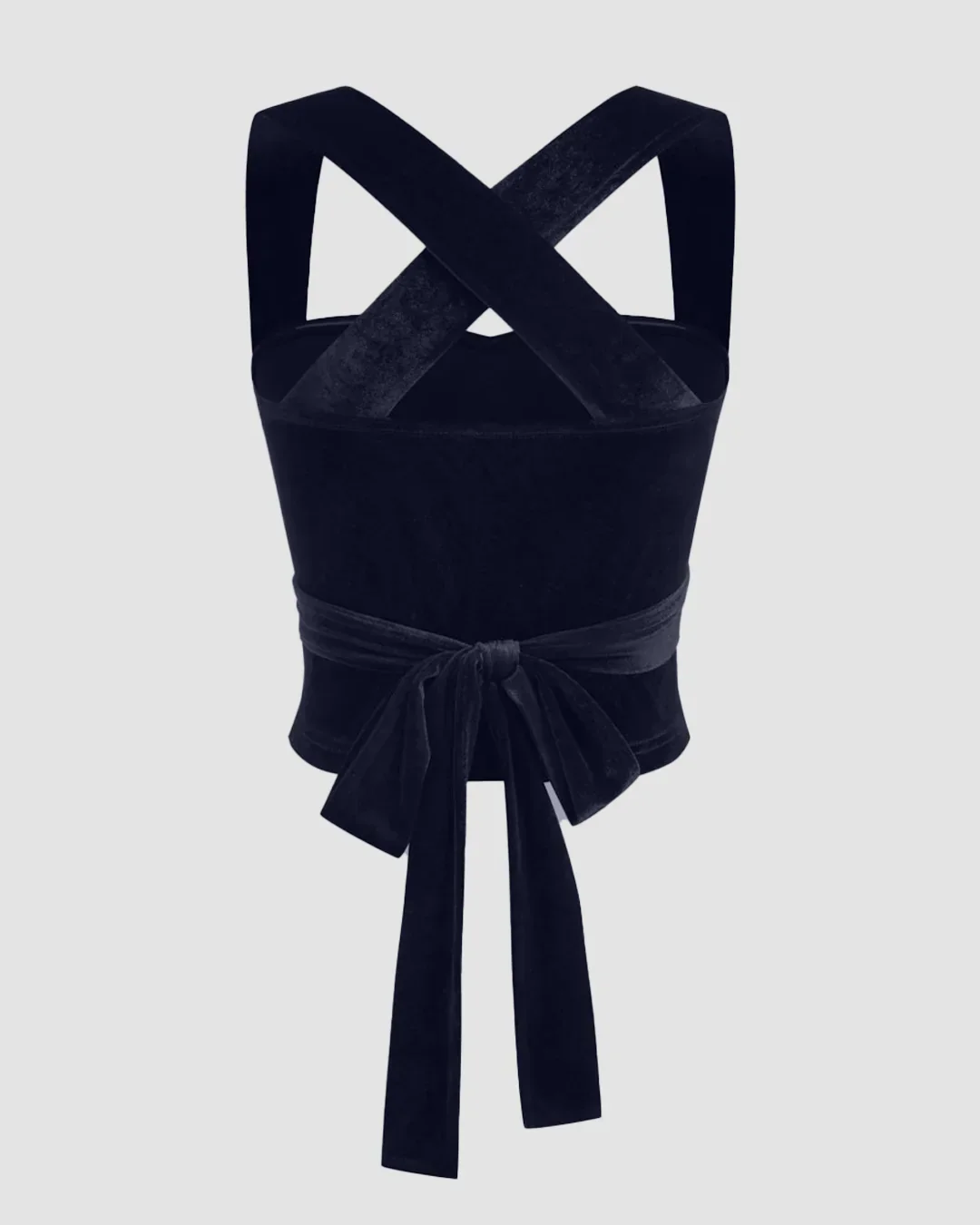 Velvet Square Neck Solid Criss Cross Knotted Crop Tank Top in Navy Blue - Image 2