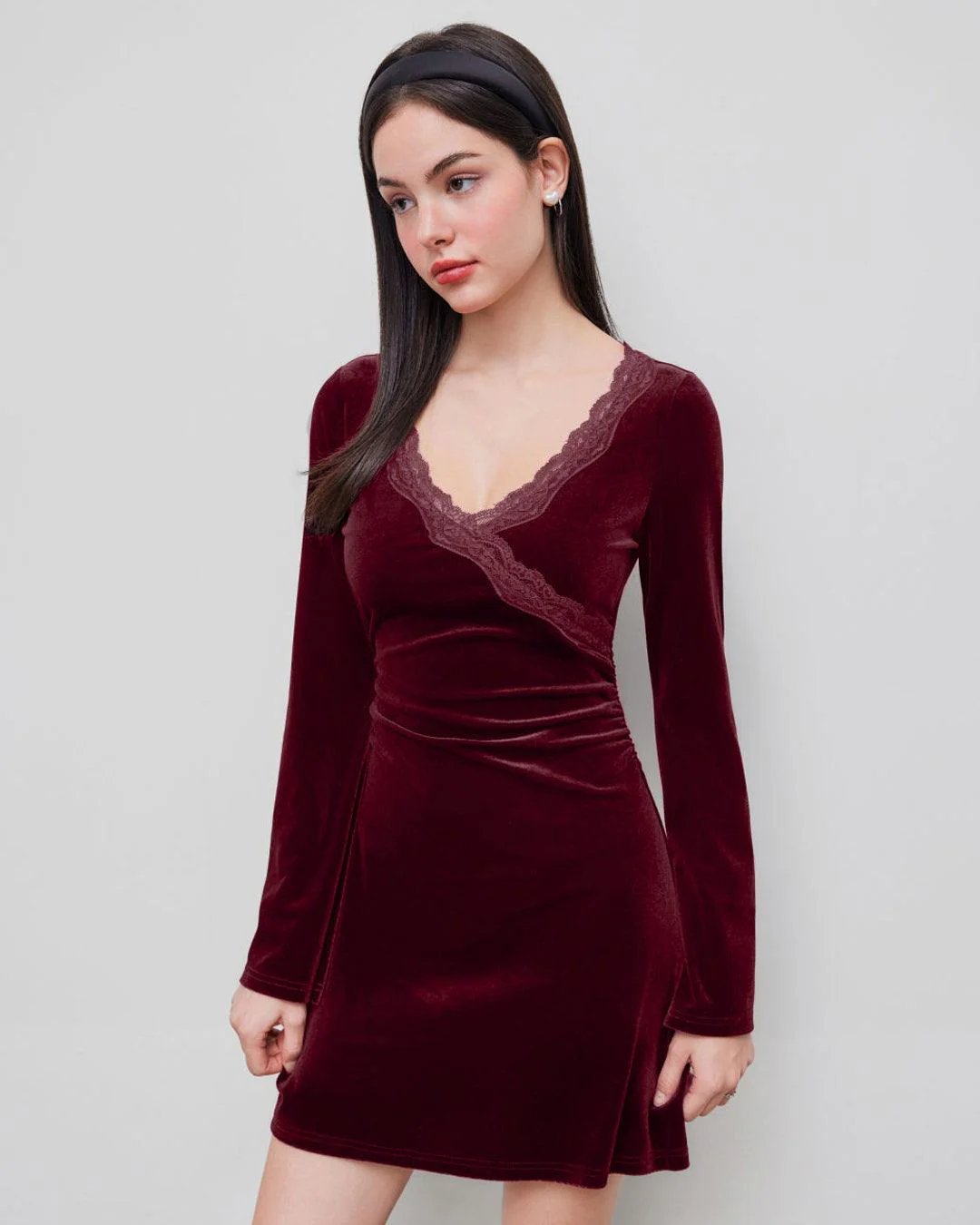 Velvet V-neck Floral Lace Trim Mini Dress In Rose Gold - Image 3