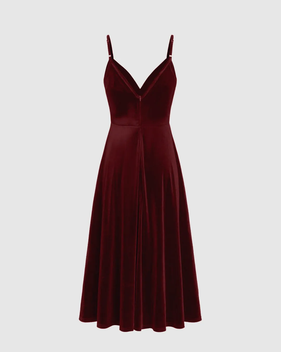 Velvet V-neck Solid Color Ruffle Midi Dress In Cherry Red - Image 2