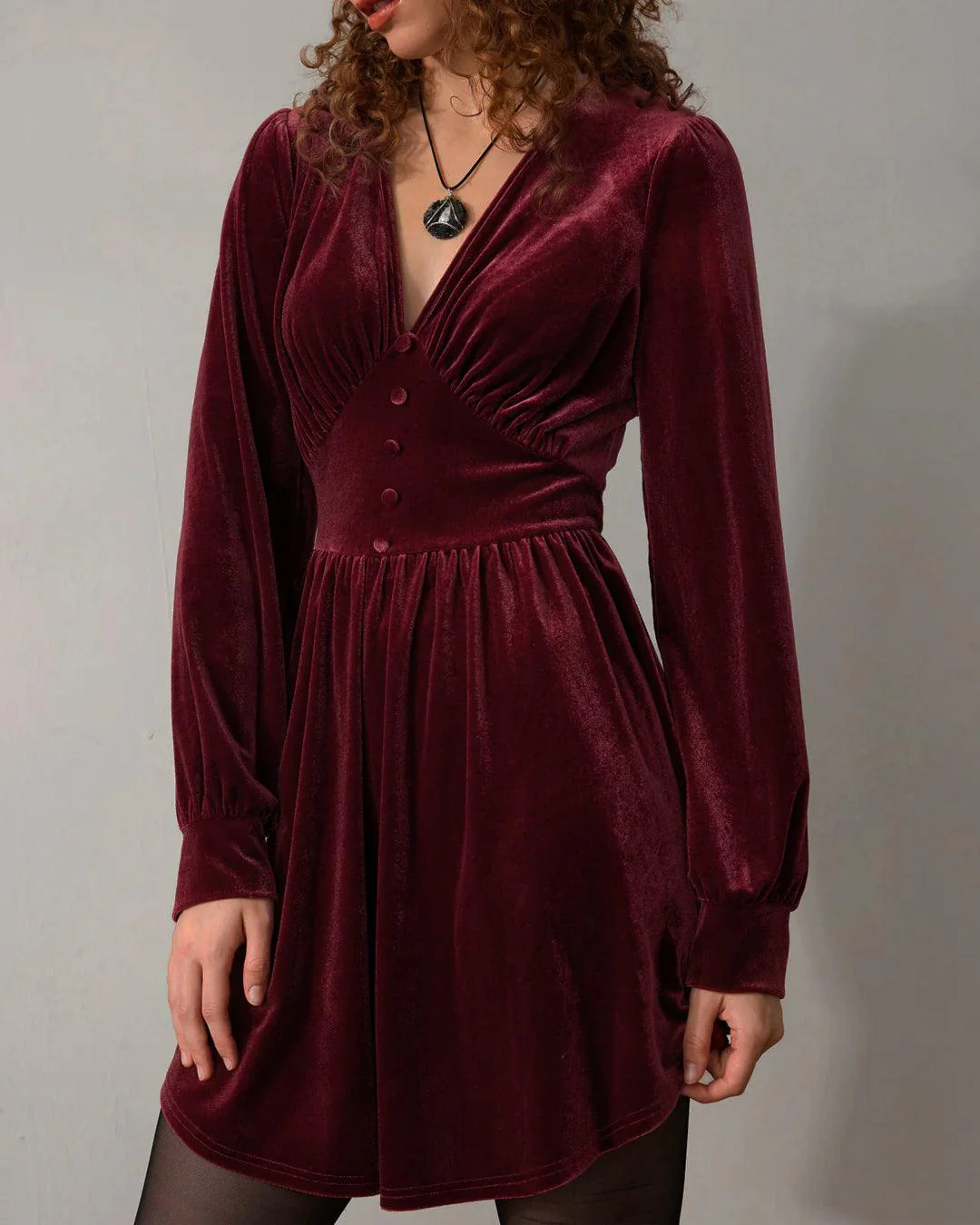 Velvet V-neck Solid Mini Dress - Image 3