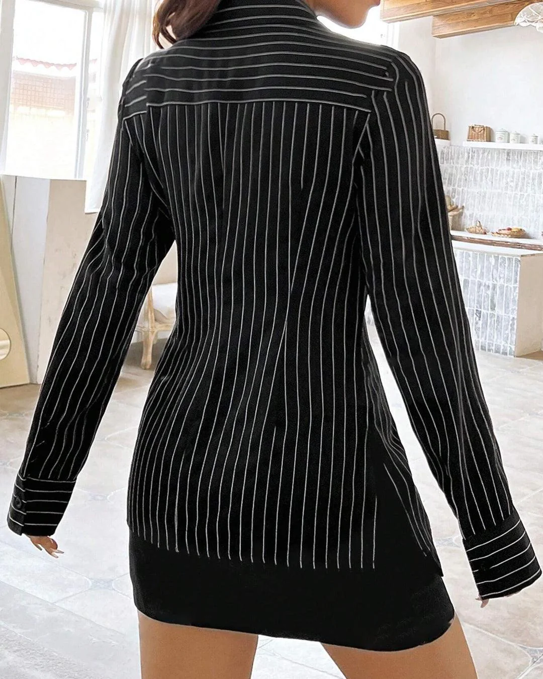 Pinstripe Collared Full Sleeve Formal Shirt in Black - Image 3