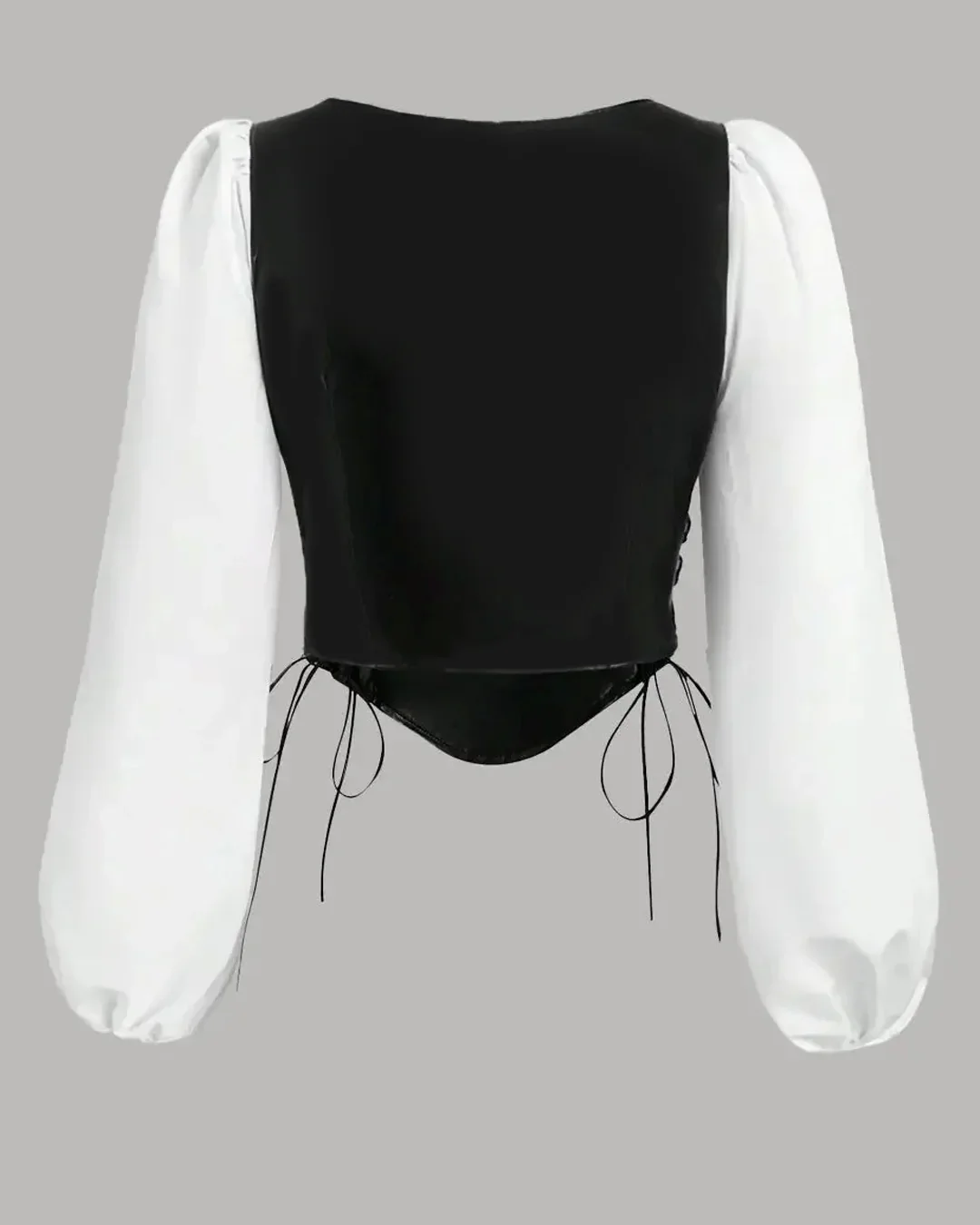 Lace-Up Square Neck Long Sleeve Corset Top in Black and White - Image 2