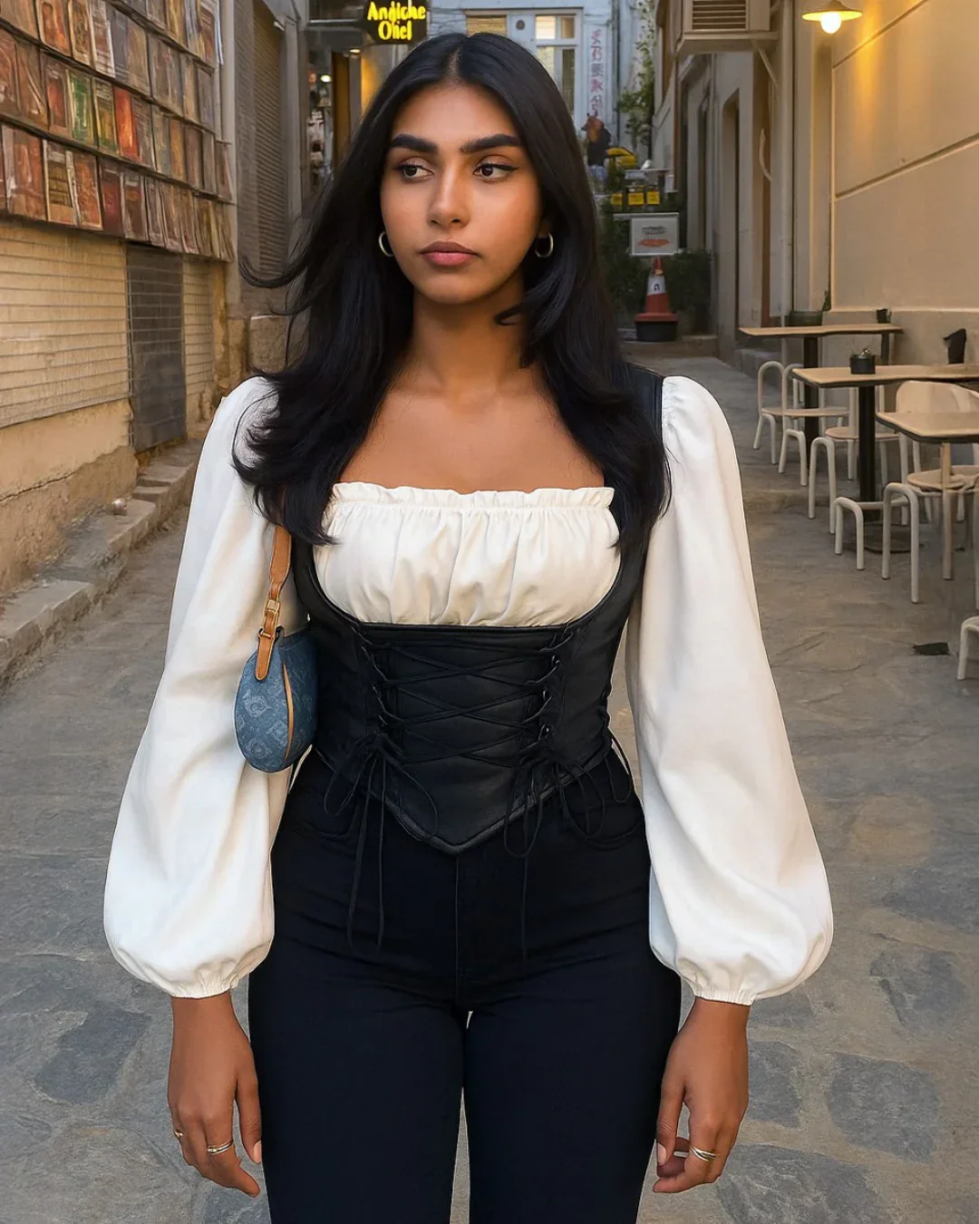 Lace-Up Square Neck Long Sleeve Corset Top in Black and White - Image 3